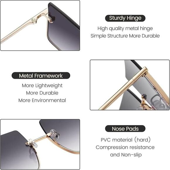 Gray Oversized Square Sunglasses Rimless, Gradient, Fashionable & UV Protection - Picture 4 of 5